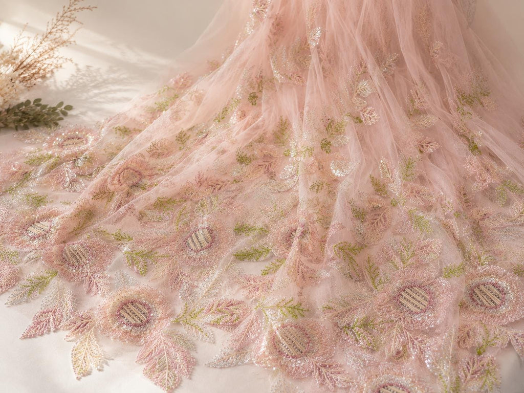 Luxury Pink Beaded Floral Lace Fabric, Couture Embroidered Tulle Mesh, Pastel Sequin Bridal Fabric by Yard for Evening Dress
