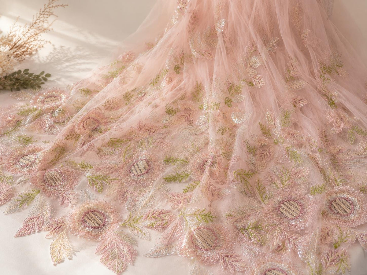Luxury Pink Beaded Floral Lace Fabric, Couture Embroidered Tulle Mesh, Pastel Sequin Bridal Fabric by Yard for Evening Dress