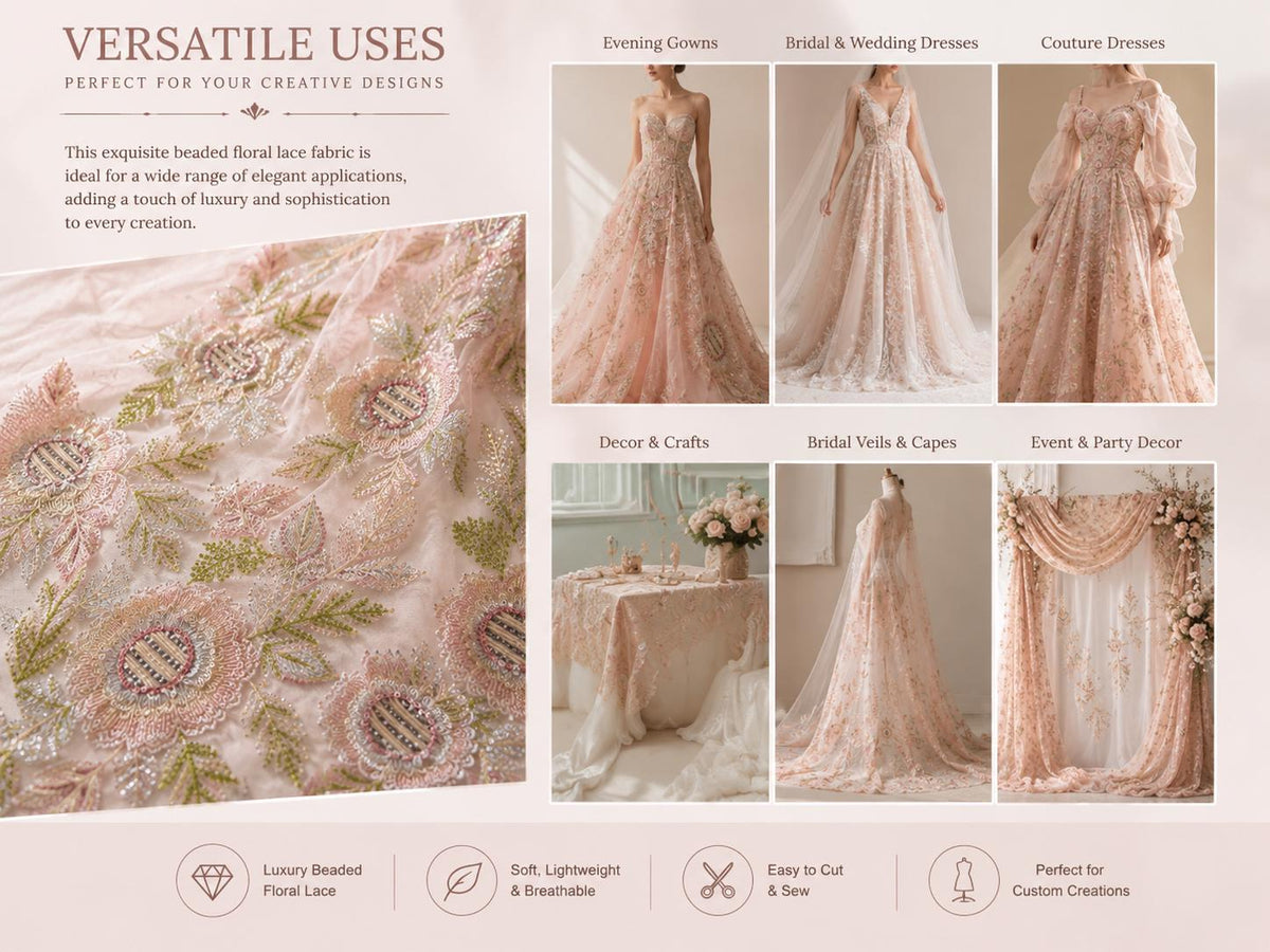 Luxury Pink Beaded Floral Lace Fabric, Couture Embroidered Tulle Mesh, Pastel Sequin Bridal Fabric by Yard for Evening Dress
