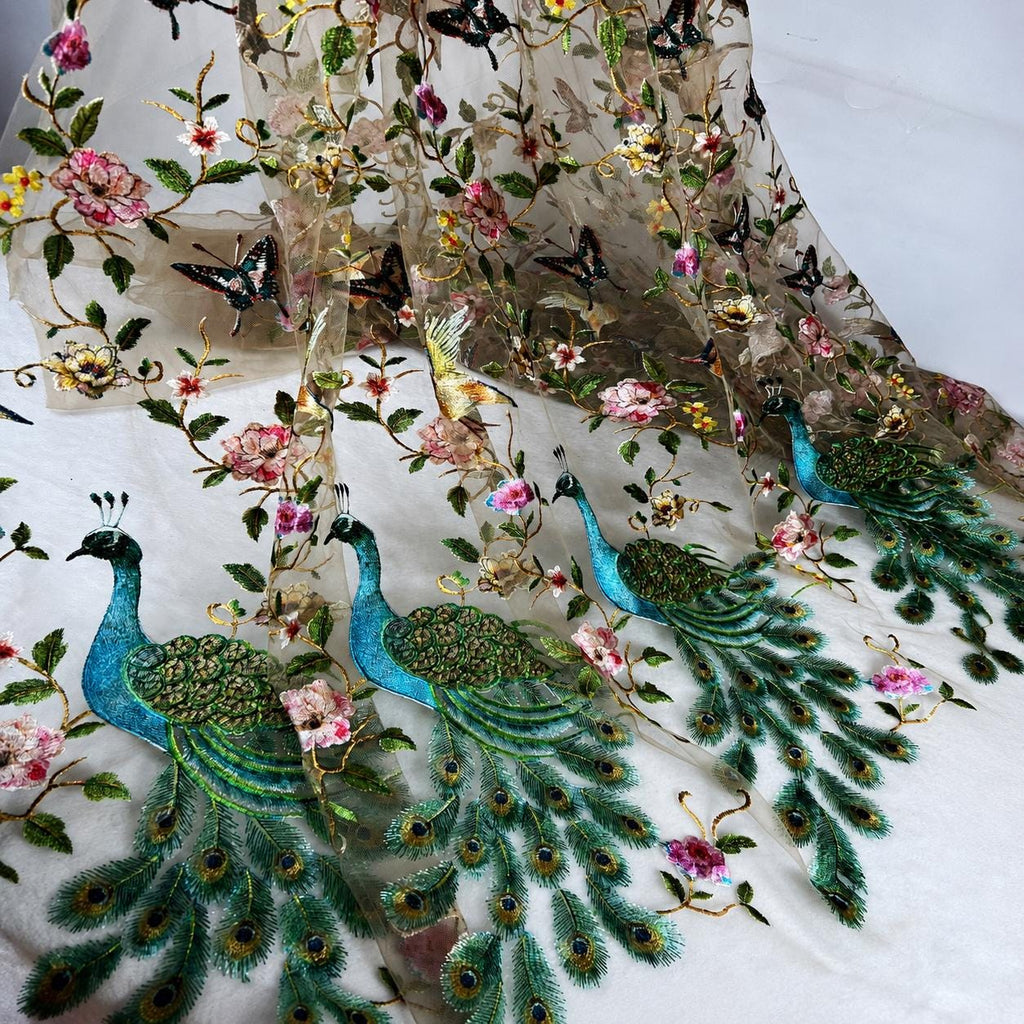 Peacock Embroidered Lace Fabric by the Yard | Floral Mesh Tulle Fabric for Wedding Dress, Bridal Gown,Prom Dress & Couture Sewing | 52" Wide