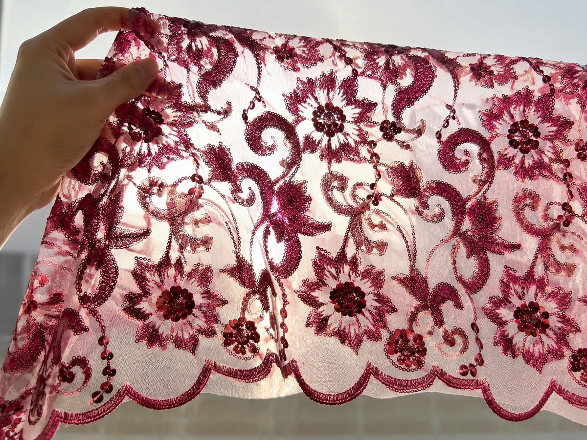 urgundy Floral Beaded Lace Fabric, Sequin Embroidered Tulle Mesh, Wine Red Bridal Wedding Dress Fabric, Luxury Evening Gown Material By Yard