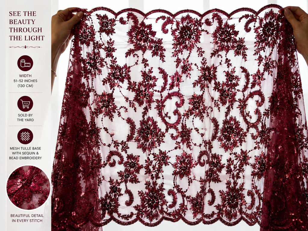 urgundy Floral Beaded Lace Fabric, Sequin Embroidered Tulle Mesh, Wine Red Bridal Wedding Dress Fabric, Luxury Evening Gown Material By Yard