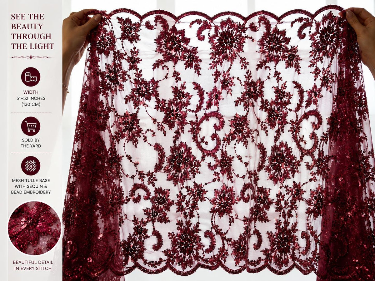 urgundy Floral Beaded Lace Fabric, Sequin Embroidered Tulle Mesh, Wine Red Bridal Wedding Dress Fabric, Luxury Evening Gown Material By Yard