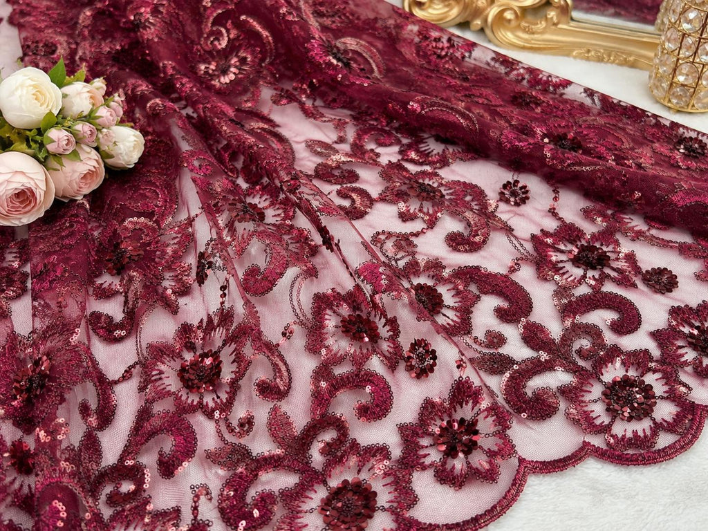 urgundy Floral Beaded Lace Fabric, Sequin Embroidered Tulle Mesh, Wine Red Bridal Wedding Dress Fabric, Luxury Evening Gown Material By Yard