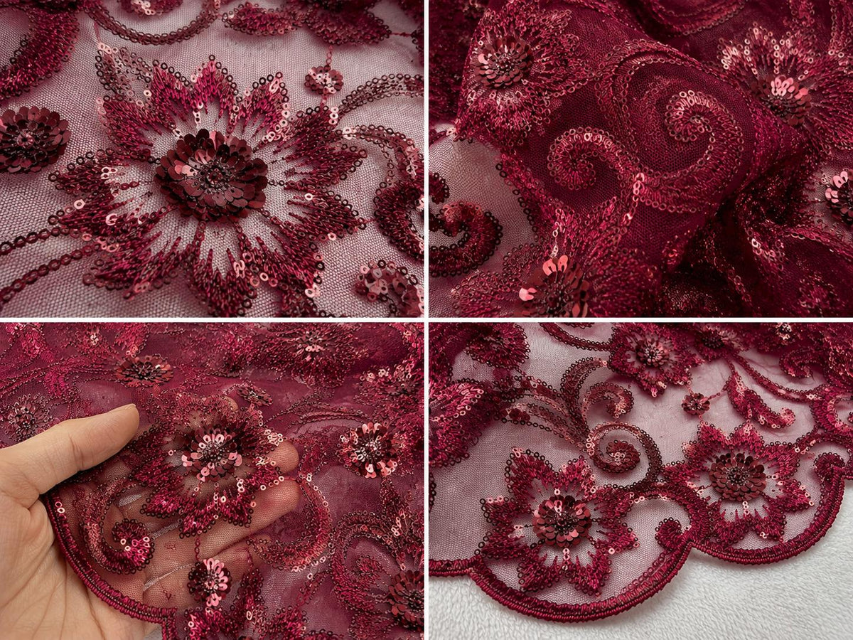 urgundy Floral Beaded Lace Fabric, Sequin Embroidered Tulle Mesh, Wine Red Bridal Wedding Dress Fabric, Luxury Evening Gown Material By Yard