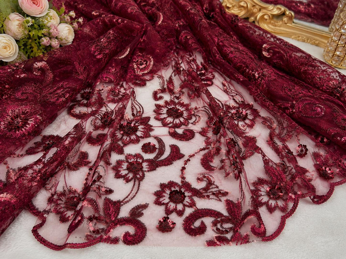 urgundy Floral Beaded Lace Fabric, Sequin Embroidered Tulle Mesh, Wine Red Bridal Wedding Dress Fabric, Luxury Evening Gown Material By Yard