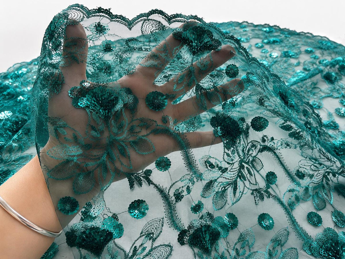 Emerald Green Sequin Lace Fabric by the Yard, Floral Embroidered Tulle Mesh, Luxury Bridal Lace for Wedding Dress, Evening Gown Sewing