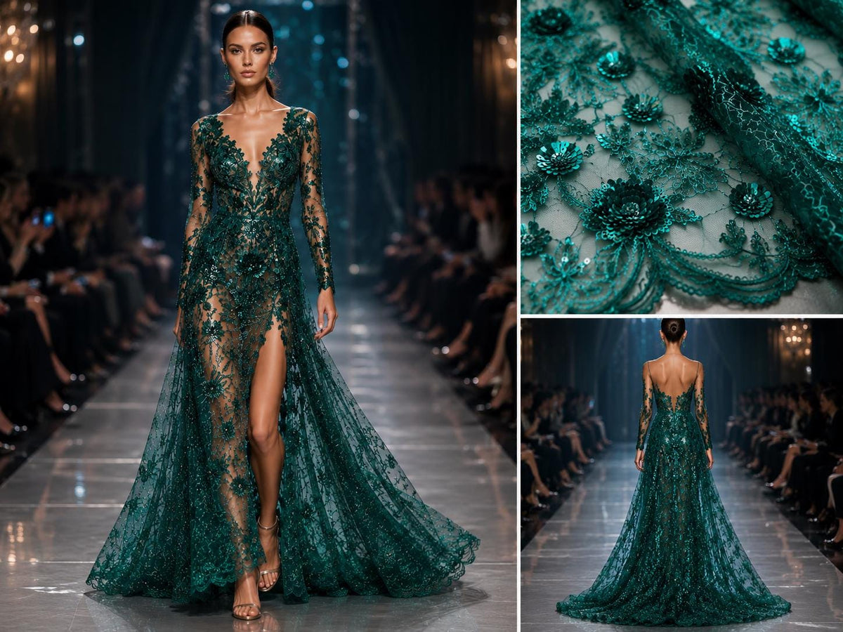 Emerald Green Sequin Lace Fabric by the Yard, Floral Embroidered Tulle Mesh, Luxury Bridal Lace for Wedding Dress, Evening Gown Sewing