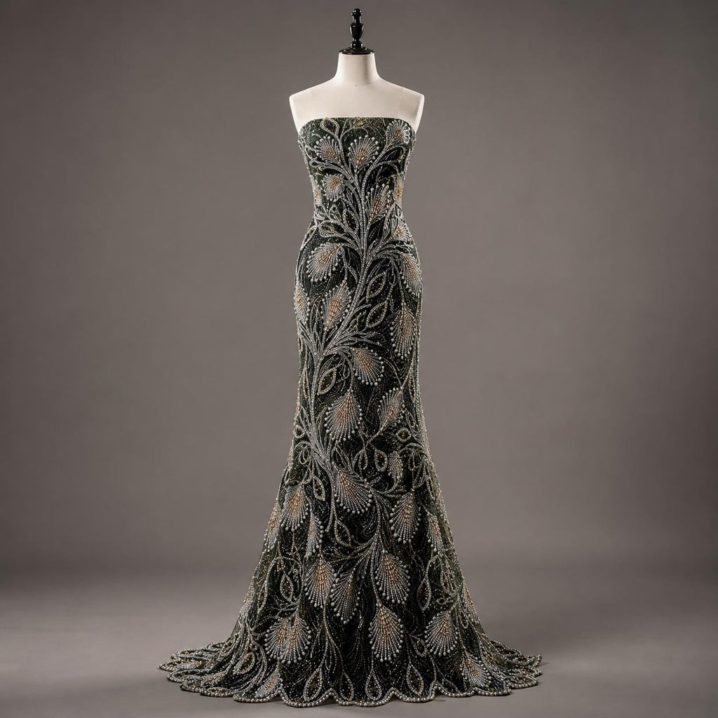 Luxury Sage Green Peacock Feather Beaded Fabric by the Yard | Sequin Embroidered Tulle Lace for Bridal Gown Prom Dress Couture Evening Wear