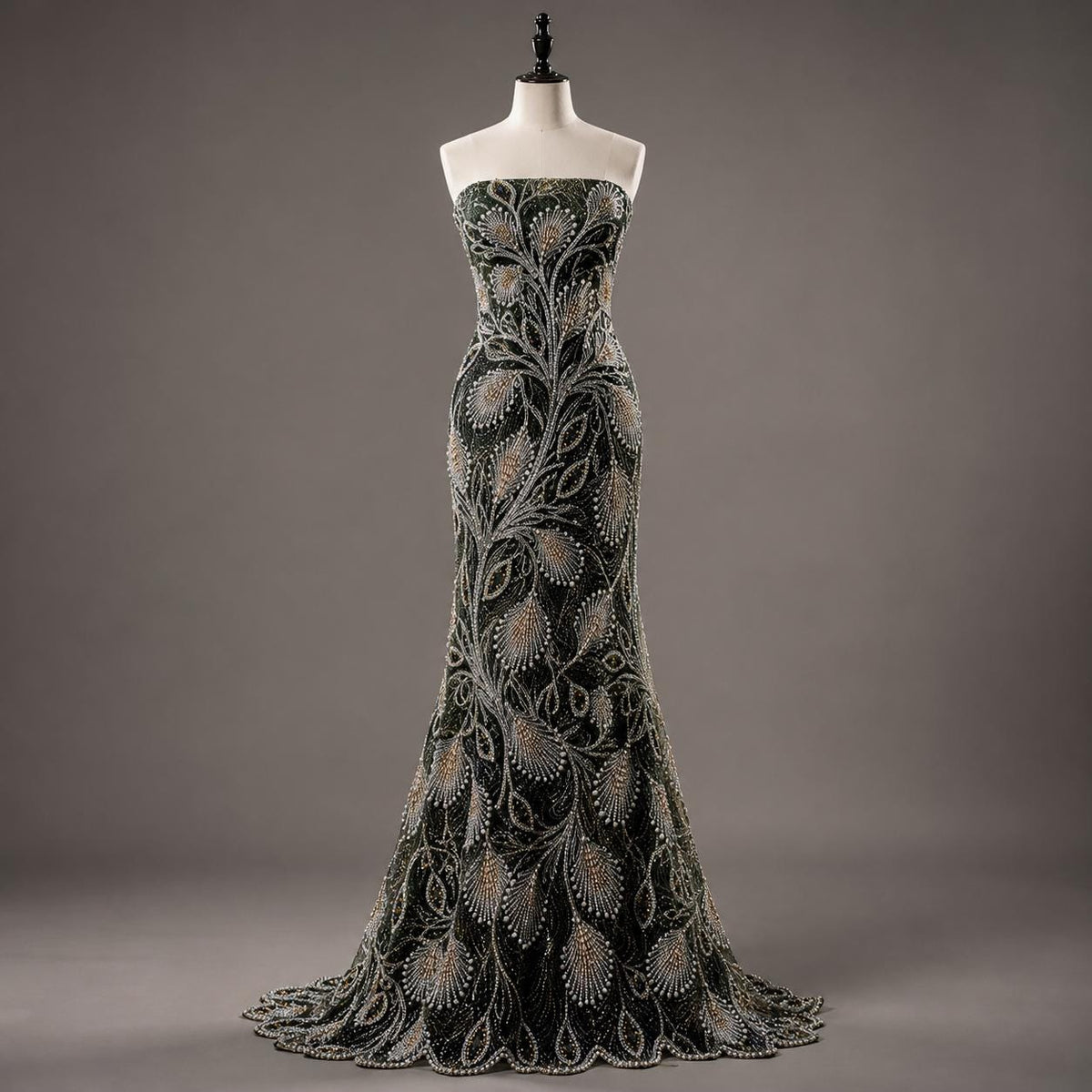 Luxury Sage Green Peacock Feather Beaded Fabric by the Yard | Sequin Embroidered Tulle Lace for Bridal Gown Prom Dress Couture Evening Wear