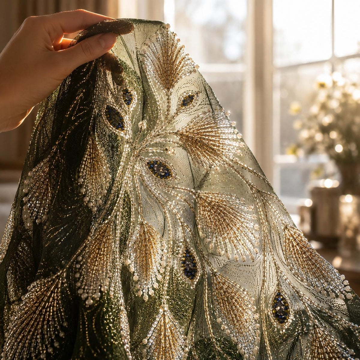 Luxury Sage Green Peacock Feather Beaded Fabric by the Yard | Sequin Embroidered Tulle Lace for Bridal Gown Prom Dress Couture Evening Wear