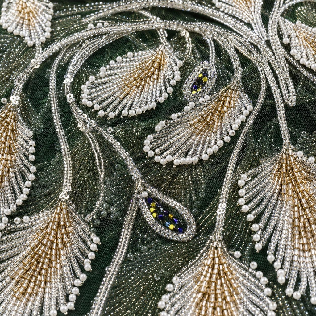 Luxury Sage Green Peacock Feather Beaded Fabric by the Yard | Sequin Embroidered Tulle Lace for Bridal Gown Prom Dress Couture Evening Wear