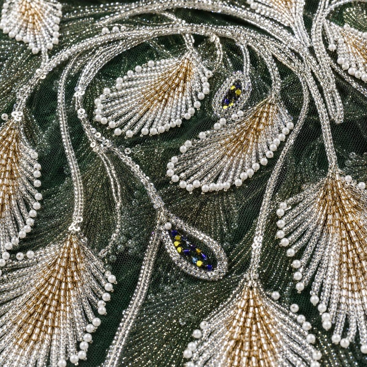 Luxury Sage Green Peacock Feather Beaded Fabric by the Yard | Sequin Embroidered Tulle Lace for Bridal Gown Prom Dress Couture Evening Wear