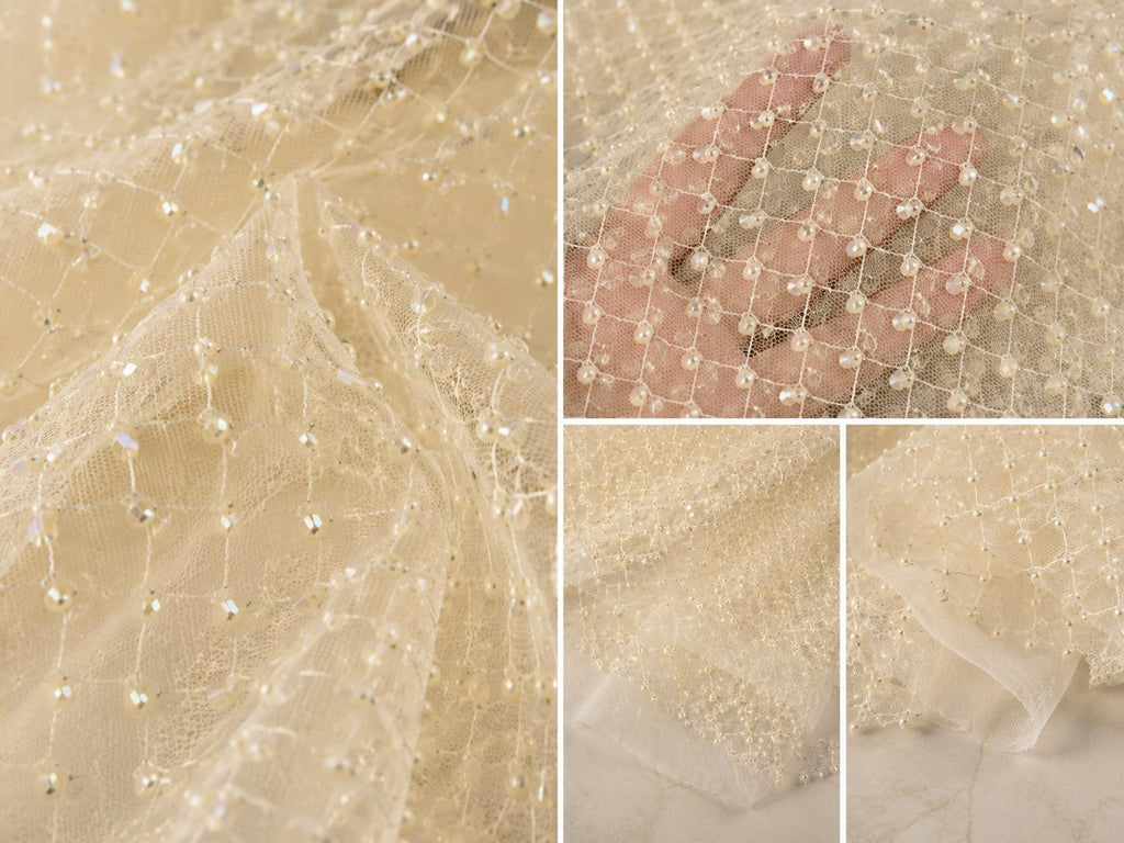 Ivory Crystal Beaded Mesh Fabric by Yard, Rhinestone Embellished Bridal Lace for Wedding Dress, Couture Gown Material