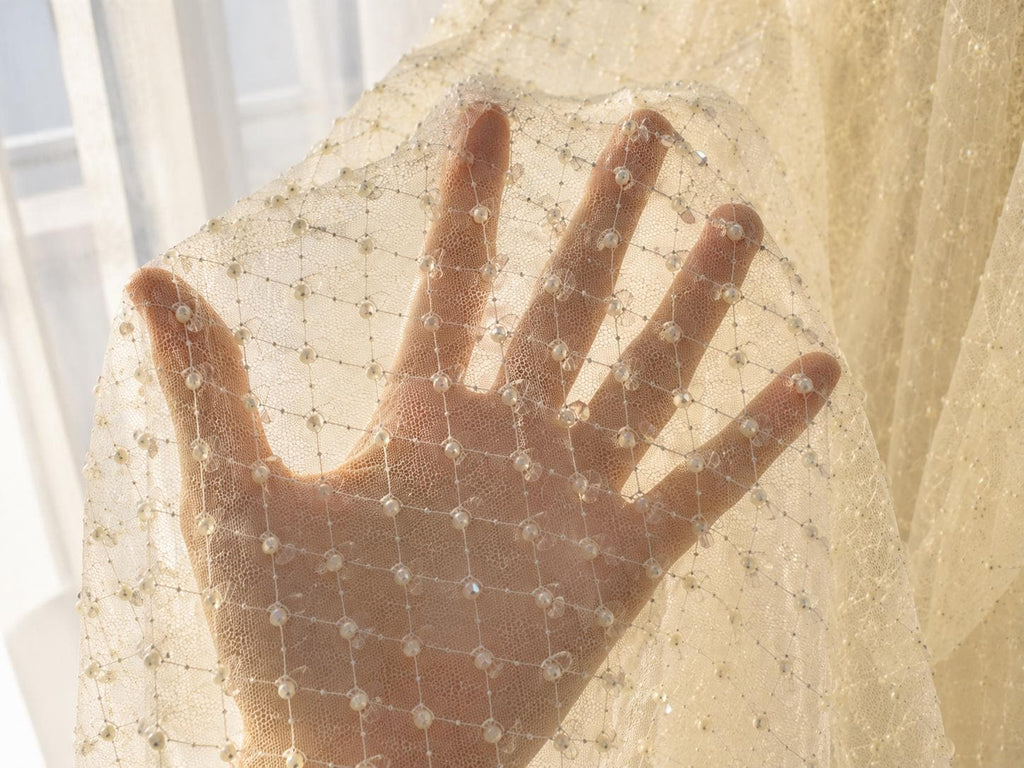 Ivory Crystal Beaded Mesh Fabric by Yard, Rhinestone Embellished Bridal Lace for Wedding Dress, Couture Gown Material