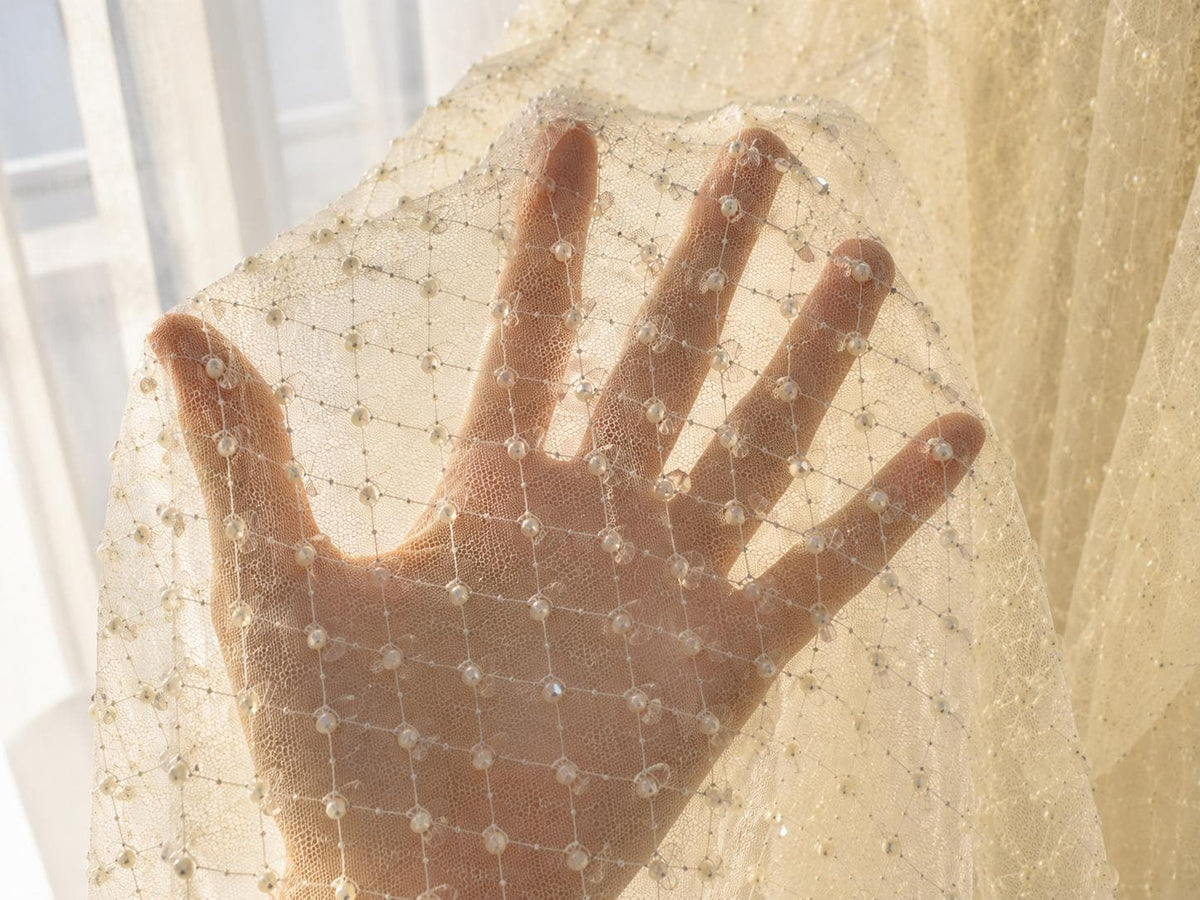 Ivory Crystal Beaded Mesh Fabric by Yard, Rhinestone Embellished Bridal Lace for Wedding Dress, Couture Gown Material