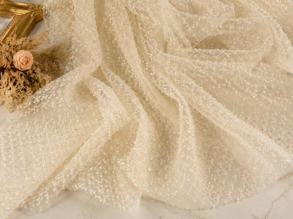 Ivory Crystal Beaded Mesh Fabric by Yard, Rhinestone Embellished Bridal Lace for Wedding Dress, Couture Gown Material