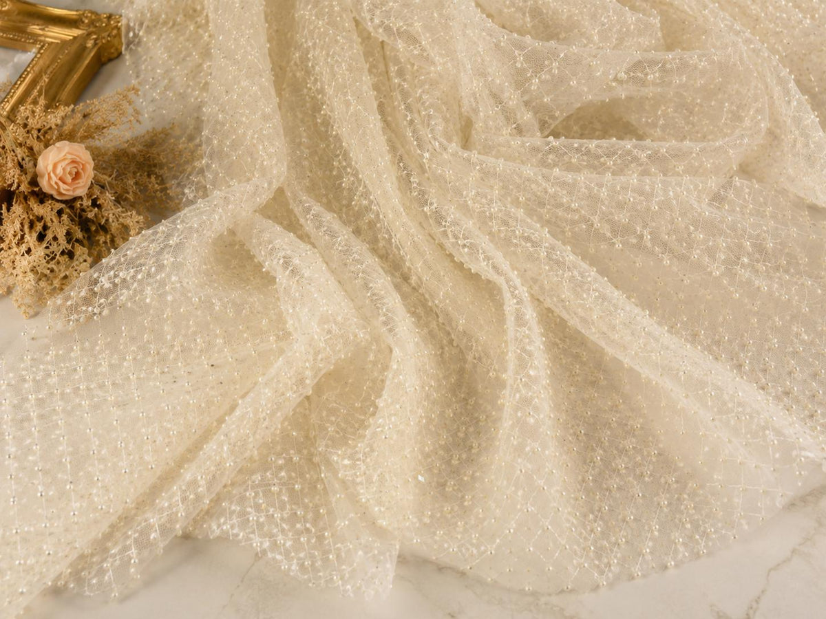 Ivory Crystal Beaded Mesh Fabric by Yard, Rhinestone Embellished Bridal Lace for Wedding Dress, Couture Gown Material
