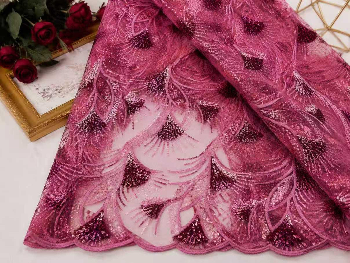 Fuchsia Sequin Lace Fabric by Yard, Embroidered Mesh Tulle for Evening Dress, Prom Gown & Couture Sewing
