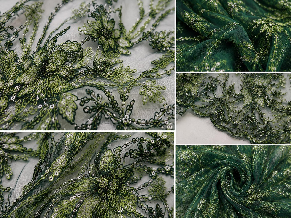 Luxury Green Floral Embroidered Lace Fabric by Yard, Dark Green Beaded Mesh Tulle for Evening Dress & Couture Gown