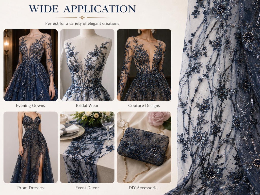 Luxury Navy Blue Embroidered Lace Fabric by Yard, Beaded Floral Mesh Tulle for Evening Dress, Bridal & Couture Gown