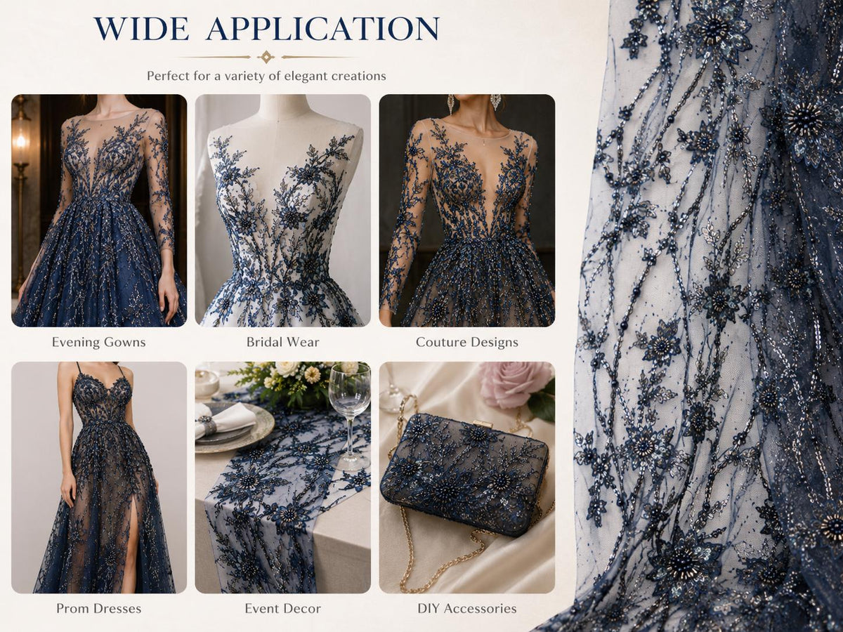 Luxury Navy Blue Embroidered Lace Fabric by Yard, Beaded Floral Mesh Tulle for Evening Dress, Bridal & Couture Gown