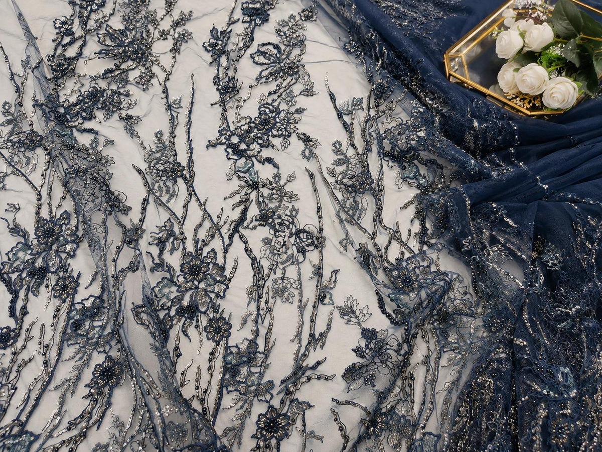Luxury Navy Blue Embroidered Lace Fabric by Yard, Beaded Floral Mesh Tulle for Evening Dress, Bridal & Couture Gown