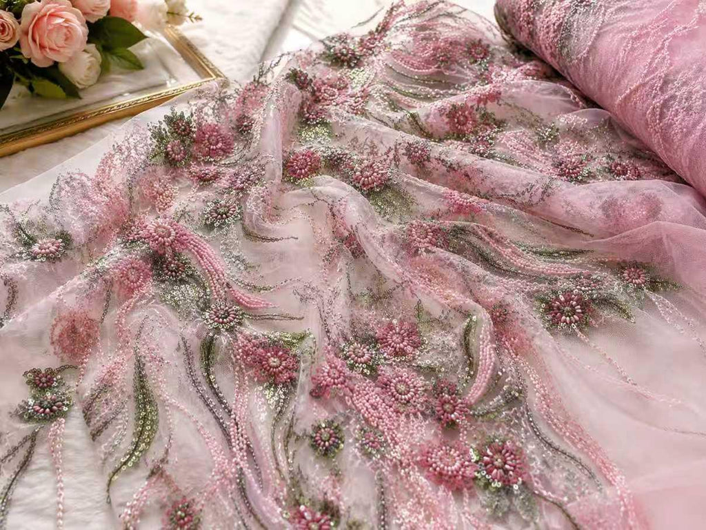 Pink Beaded Lace Fabric by Yard, 3D Floral Embroidered Tulle Mesh with Sequin Detail for Bridal Dress & Evening Gown