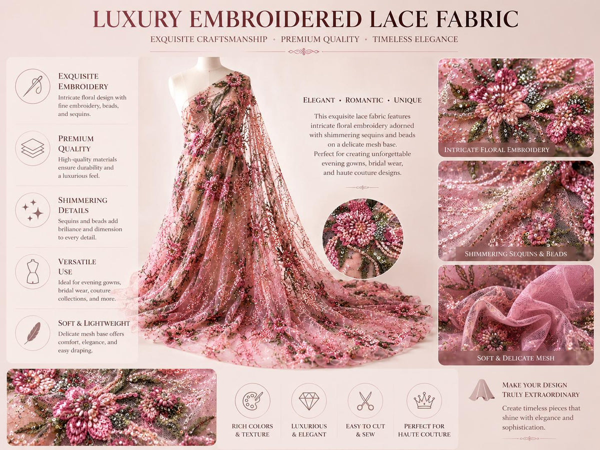 Pink Beaded Lace Fabric by Yard, 3D Floral Embroidered Tulle Mesh with Sequin Detail for Bridal Dress & Evening Gown