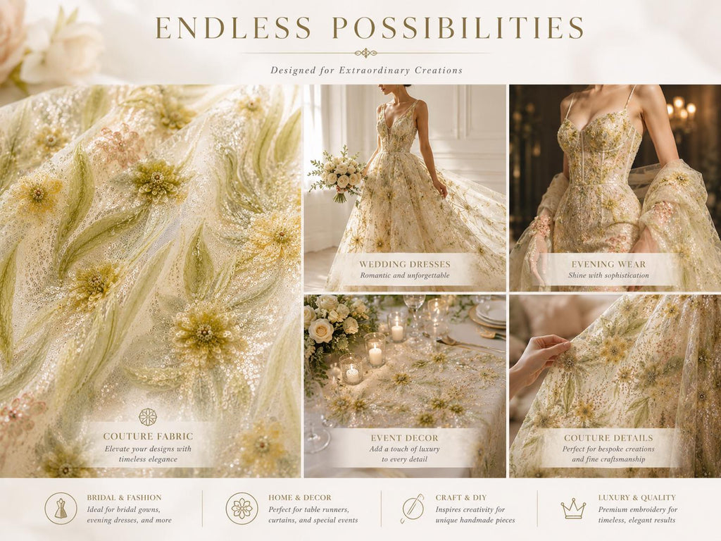 Luxury 3D Floral Beaded Lace Fabric, Couture Sequin Embroidered Mesh Fabric for Bridal Dress, Evening Gown, Wedding