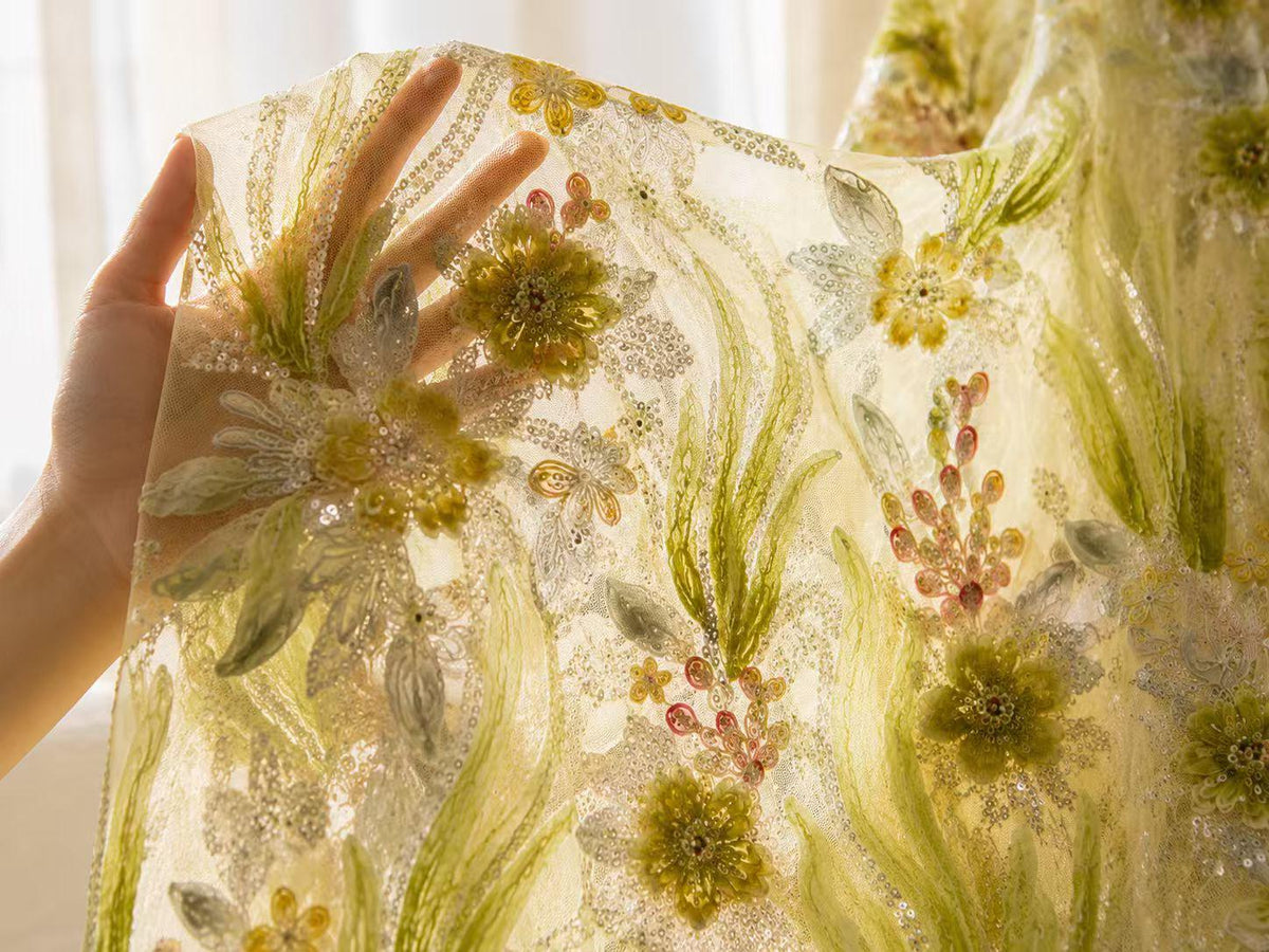 Luxury 3D Floral Beaded Lace Fabric, Couture Sequin Embroidered Mesh Fabric for Bridal Dress, Evening Gown, Wedding