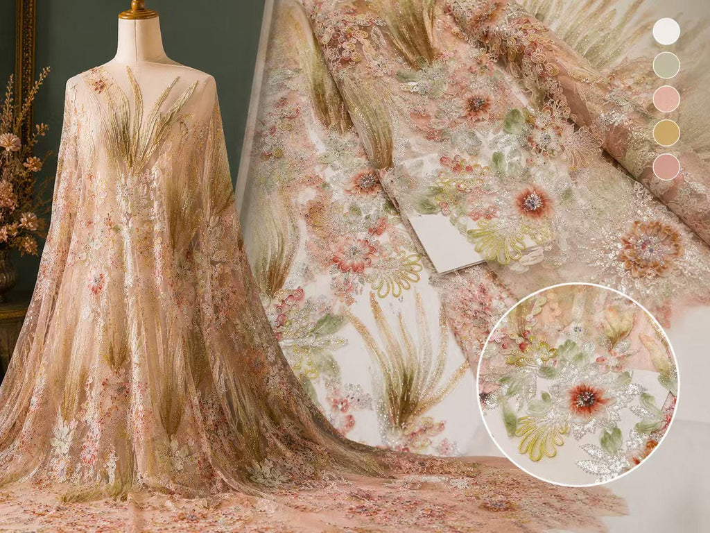 Luxury Pink Floral Beaded Lace Fabric, 3D Embroidered Sequin Mesh Fabric for Bridal Gown, Evening Dress, Couture