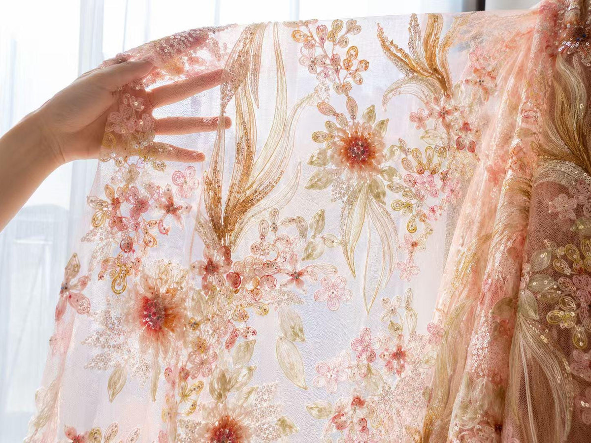 Luxury Pink Floral Beaded Lace Fabric, 3D Embroidered Sequin Mesh Fabric for Bridal Gown, Evening Dress, Couture