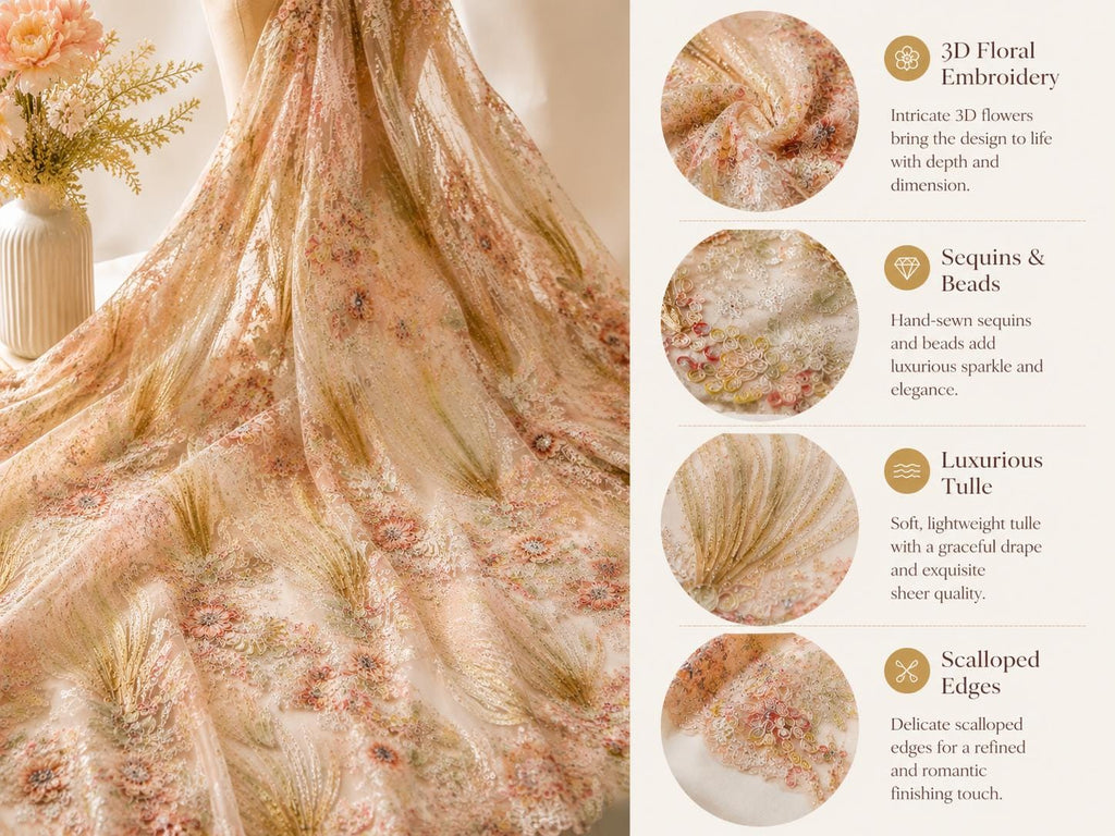 Luxury Pink Floral Beaded Lace Fabric, 3D Embroidered Sequin Mesh Fabric for Bridal Gown, Evening Dress, Couture