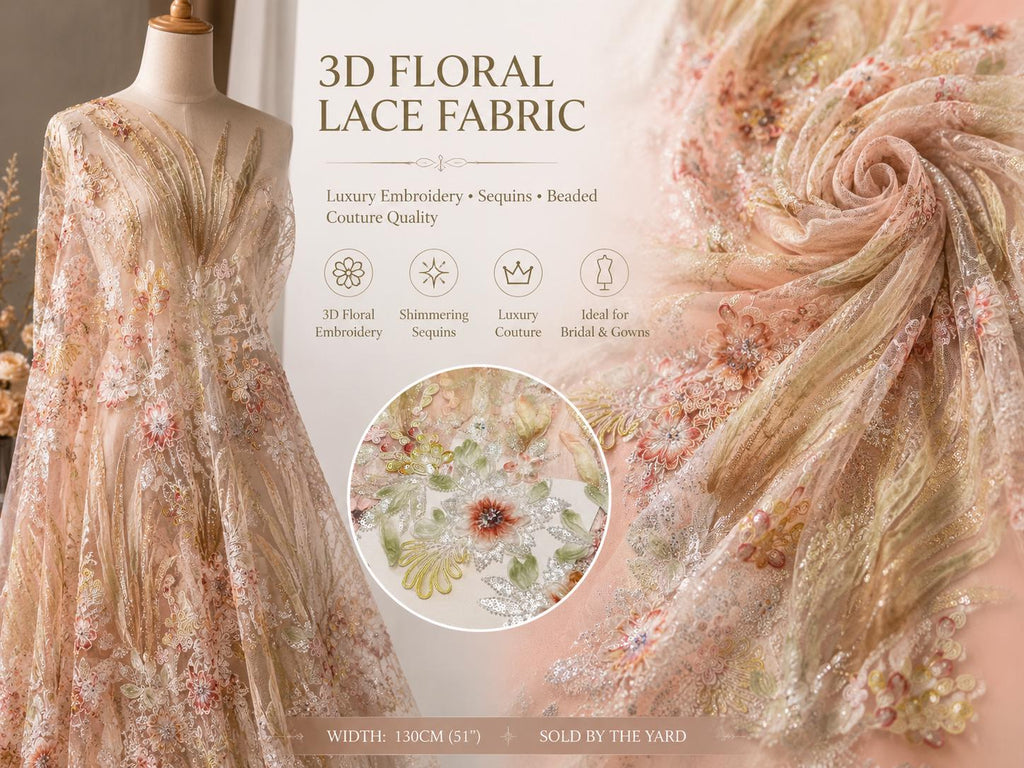 Luxury Pink Floral Beaded Lace Fabric, 3D Embroidered Sequin Mesh Fabric for Bridal Gown, Evening Dress, Couture