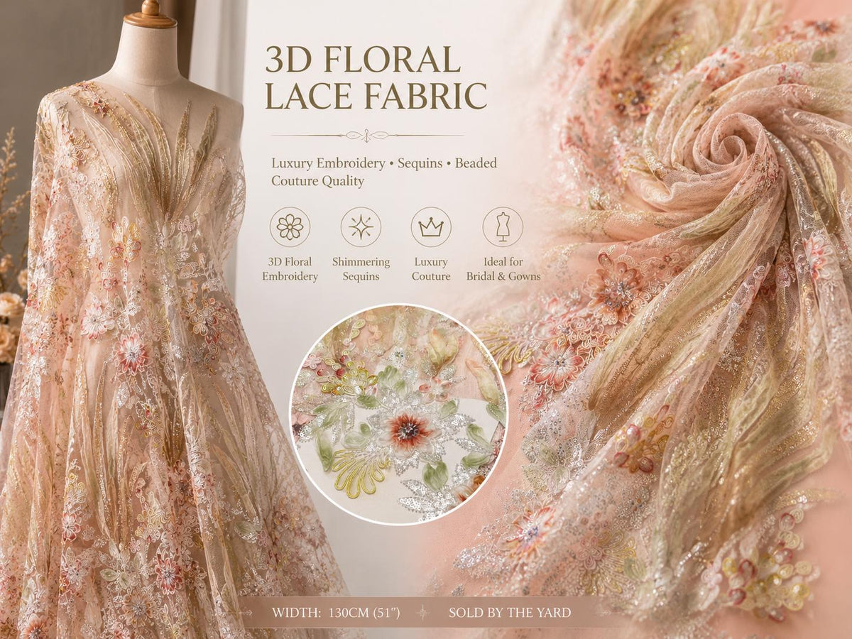 Luxury Pink Floral Beaded Lace Fabric, 3D Embroidered Sequin Mesh Fabric for Bridal Gown, Evening Dress, Couture