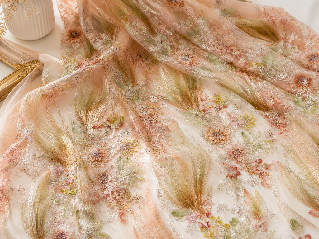 Luxury Pink Floral Beaded Lace Fabric, 3D Embroidered Sequin Mesh Fabric for Bridal Gown, Evening Dress, Couture