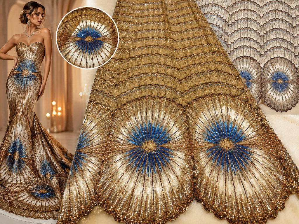 Luxury Beaded Sequin Lace Fabric by Yard, Champagne Gold Embroidered Mesh for Evening Gown & Couture Dress