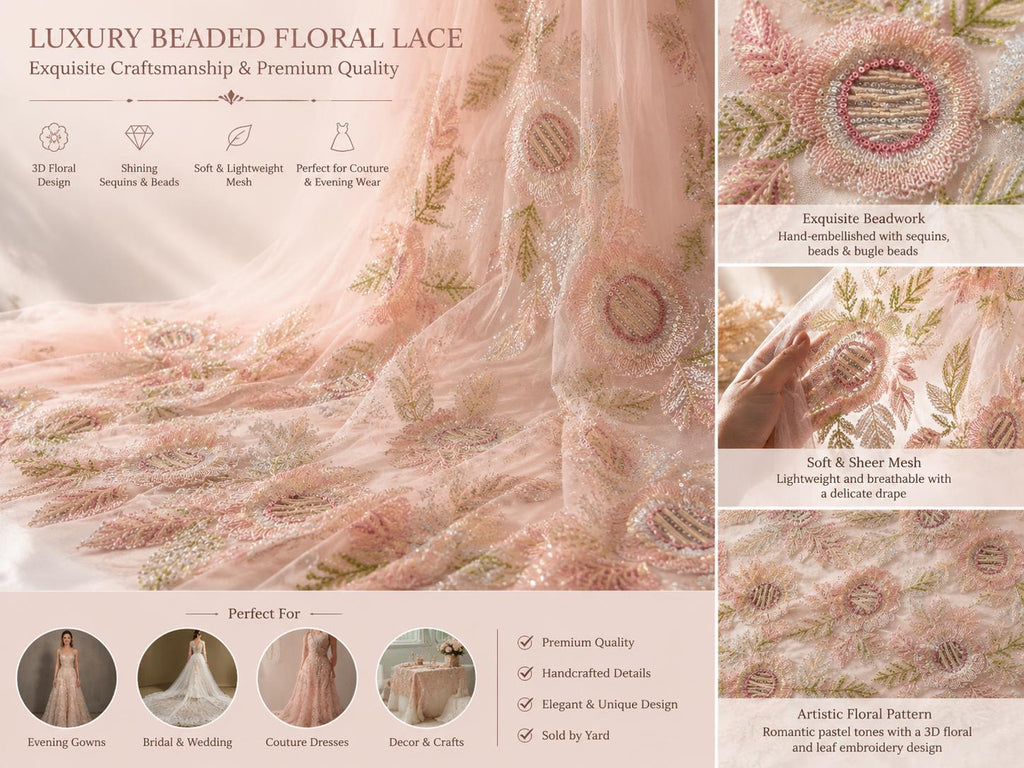Luxury Pink Beaded Floral Lace Fabric, Couture Embroidered Tulle Mesh, Pastel Sequin Bridal Fabric by Yard for Evening Dress