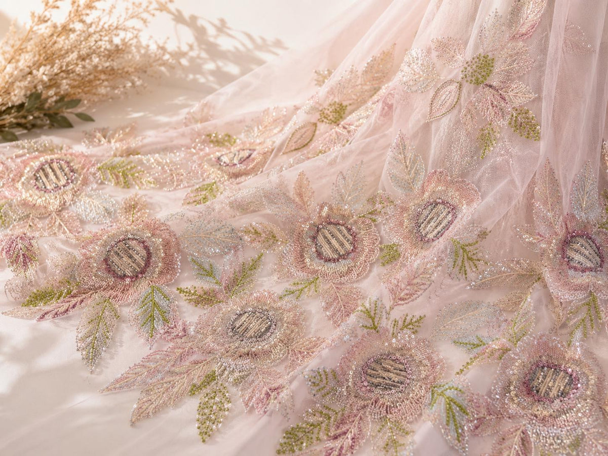 Luxury Pink Beaded Floral Lace Fabric, Couture Embroidered Tulle Mesh, Pastel Sequin Bridal Fabric by Yard for Evening Dress