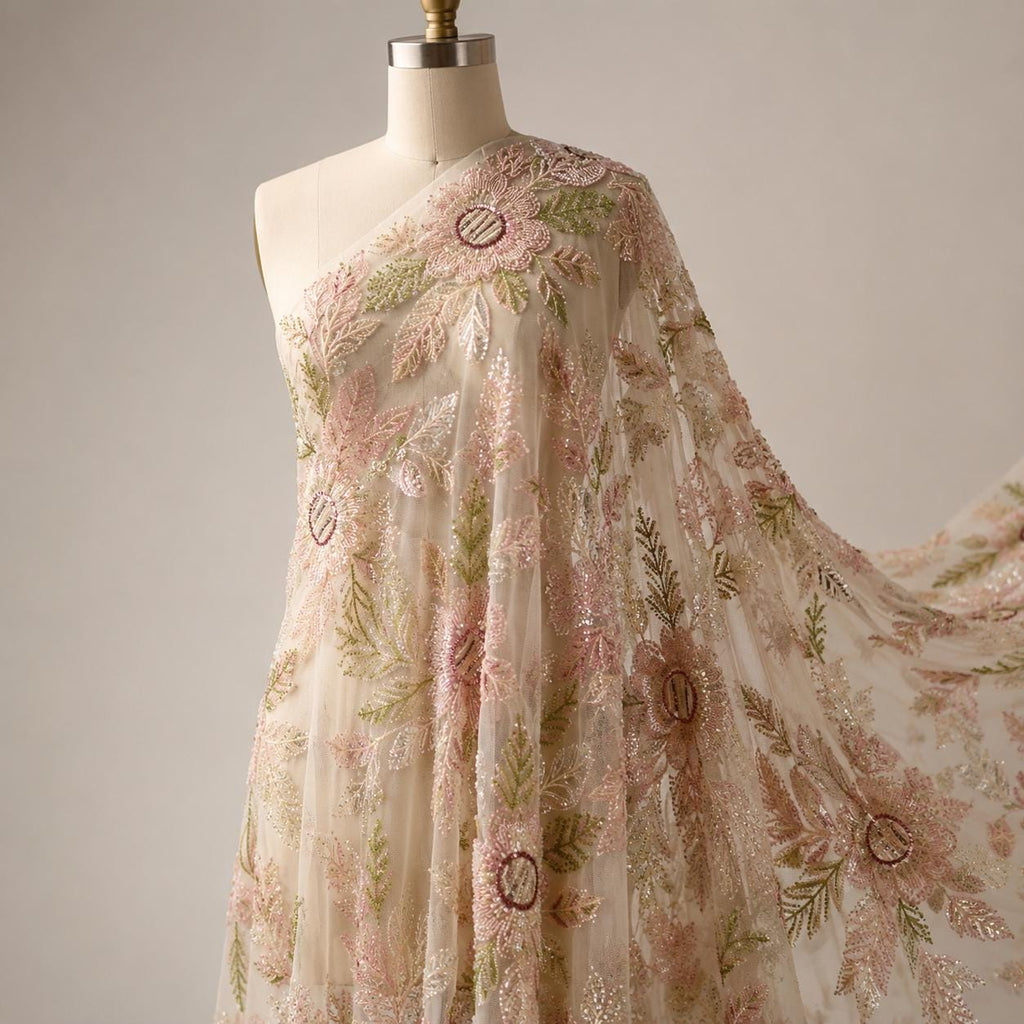 Blush Pink 3D Floral Beaded Lace Fabric by the Yard | Embroidered Tulle for Wedding Dress Bridal Gown 51"