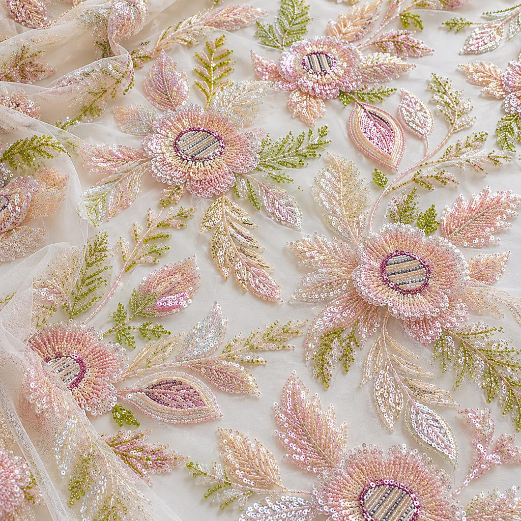 Blush Pink 3D Floral Beaded Lace Fabric by the Yard | Embroidered Tulle for Wedding Dress Bridal Gown 51"