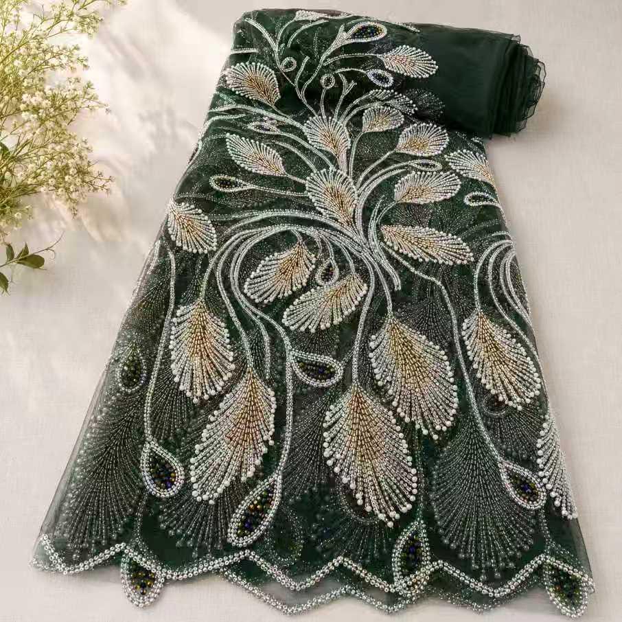 Luxury Sage Green Peacock Feather Beaded Fabric by the Yard | Sequin Embroidered Tulle Lace for Bridal Gown Prom Dress Couture Evening Wear