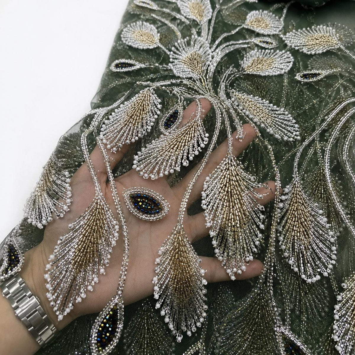 Luxury Sage Green Peacock Feather Beaded Fabric by the Yard | Sequin Embroidered Tulle Lace for Bridal Gown Prom Dress Couture Evening Wear