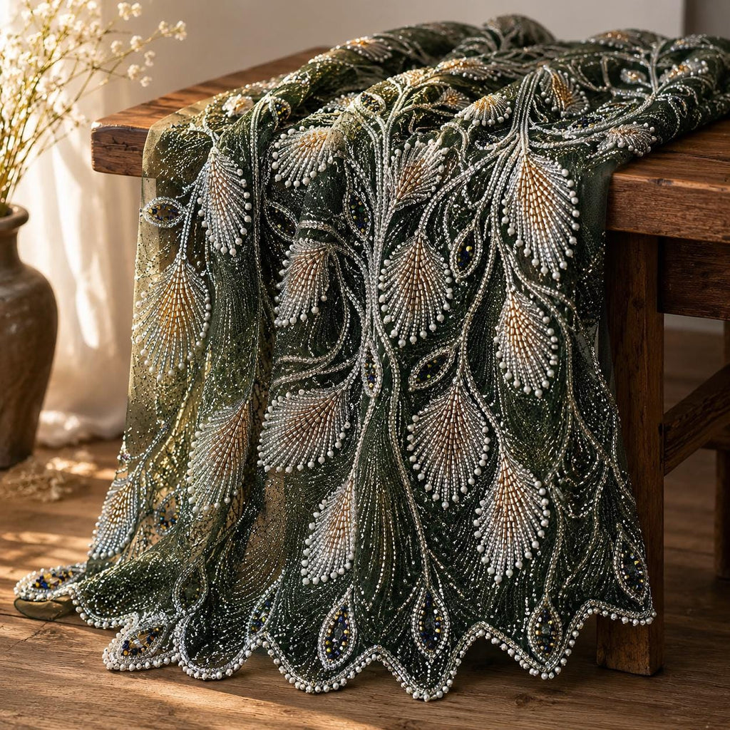 Luxury Sage Green Peacock Feather Beaded Fabric by the Yard | Sequin Embroidered Tulle Lace for Bridal Gown Prom Dress Couture Evening Wear