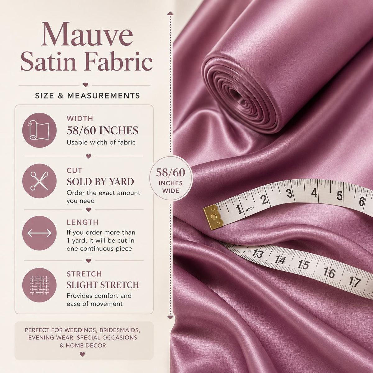 Mauve Satin Fabric by the Yard, Stretch Satin Fabric, Bridesmaid Dress Fabric, Dusty Mauve Wedding Fabric, Evening Gown Material, 58/60 Inch