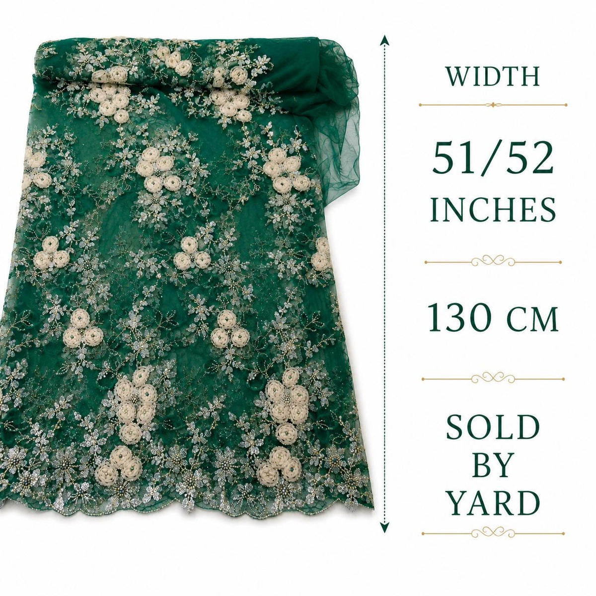 Emerald Green 3D Floral Beaded Lace Fabric, Ivory Ribbon Flower Embroidery Tulle, Luxury Mother of Bride Dress Fabric By Yard