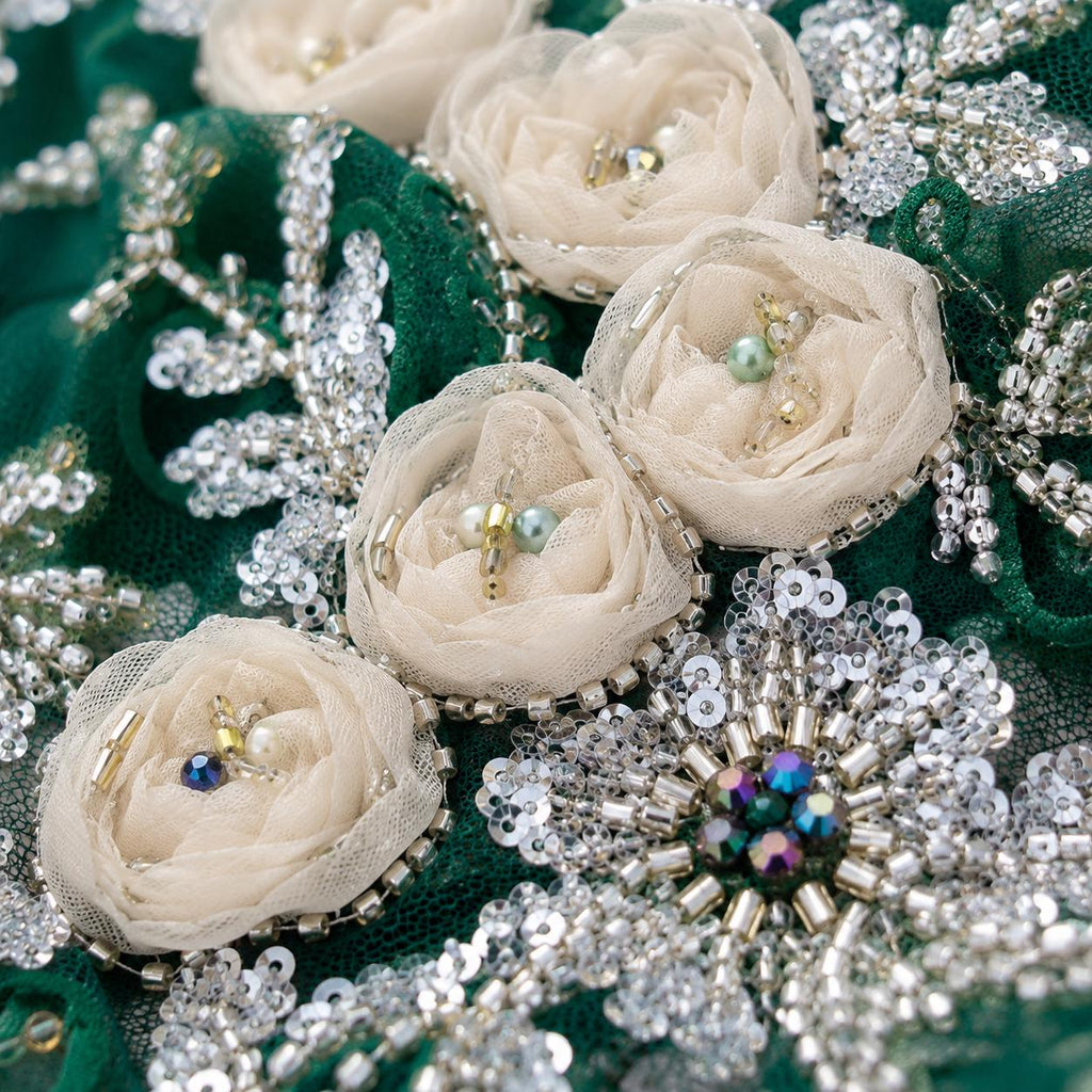 Emerald Green 3D Floral Beaded Lace Fabric, Ivory Ribbon Flower Embroidery Tulle, Luxury Mother of Bride Dress Fabric By Yard
