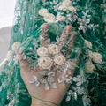 Emerald Green 3D Floral Beaded Lace Fabric, Ivory Ribbon Flower Embroidery Tulle, Luxury Mother of Bride Dress Fabric By Yard
