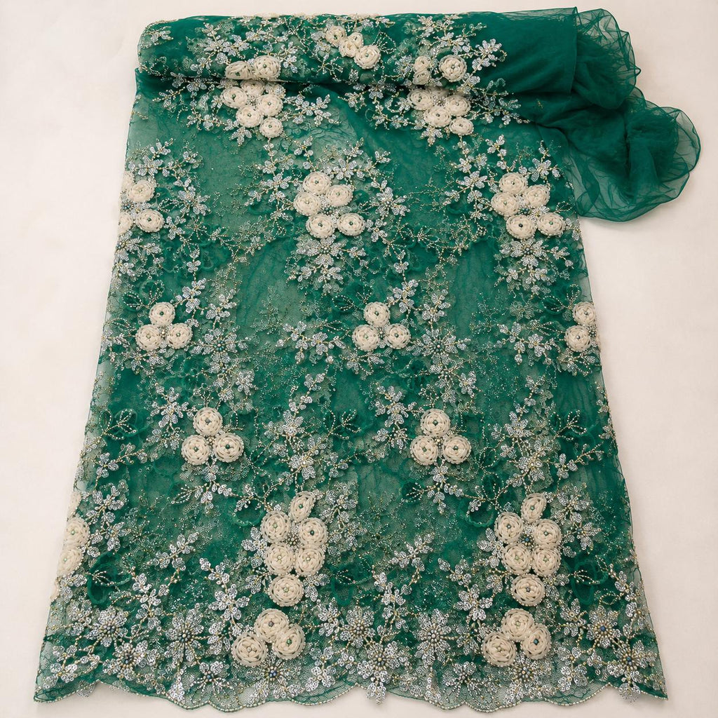 Emerald Green 3D Floral Beaded Lace Fabric, Ivory Ribbon Flower Embroidery Tulle, Luxury Mother of Bride Dress Fabric By Yard